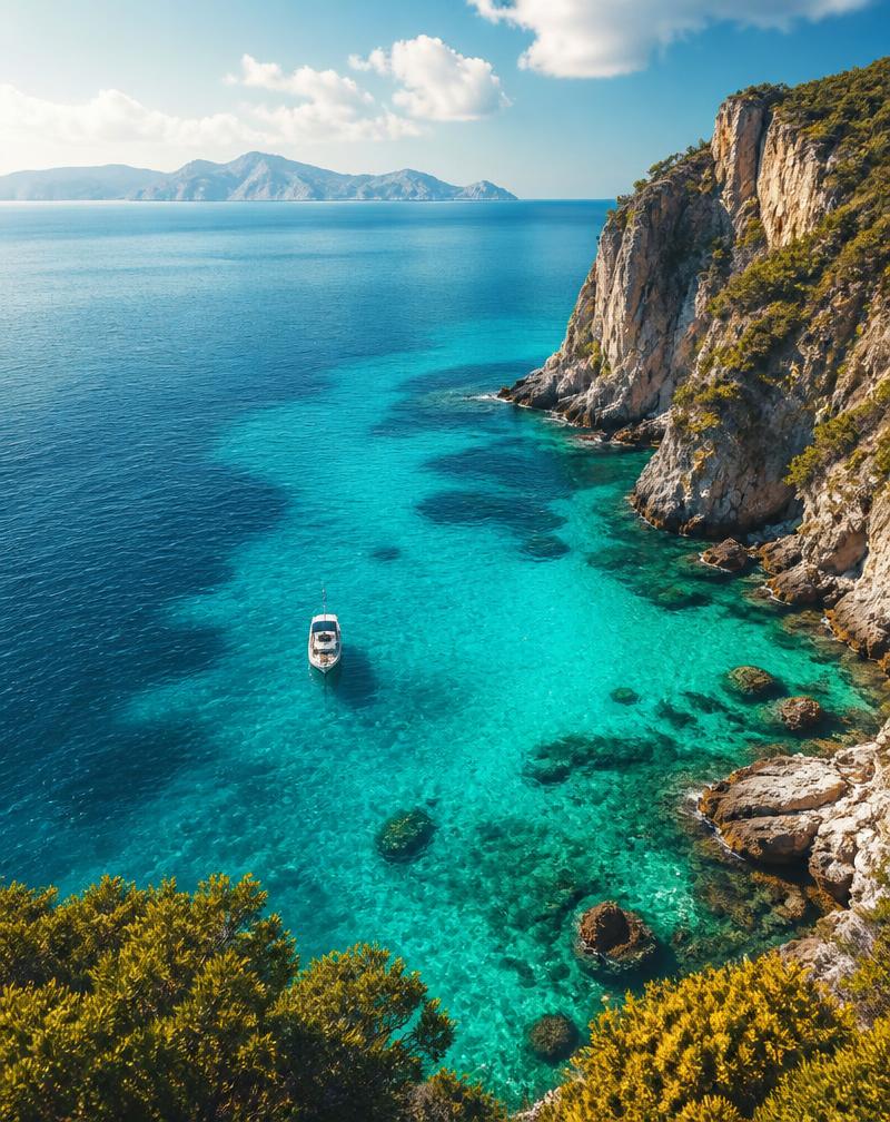 Aerial view of a boat on turquoise Mediterranean waters near a cliff