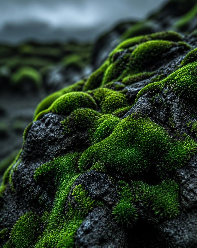 Emerald green moss on dark volcanic rocks in Iceland