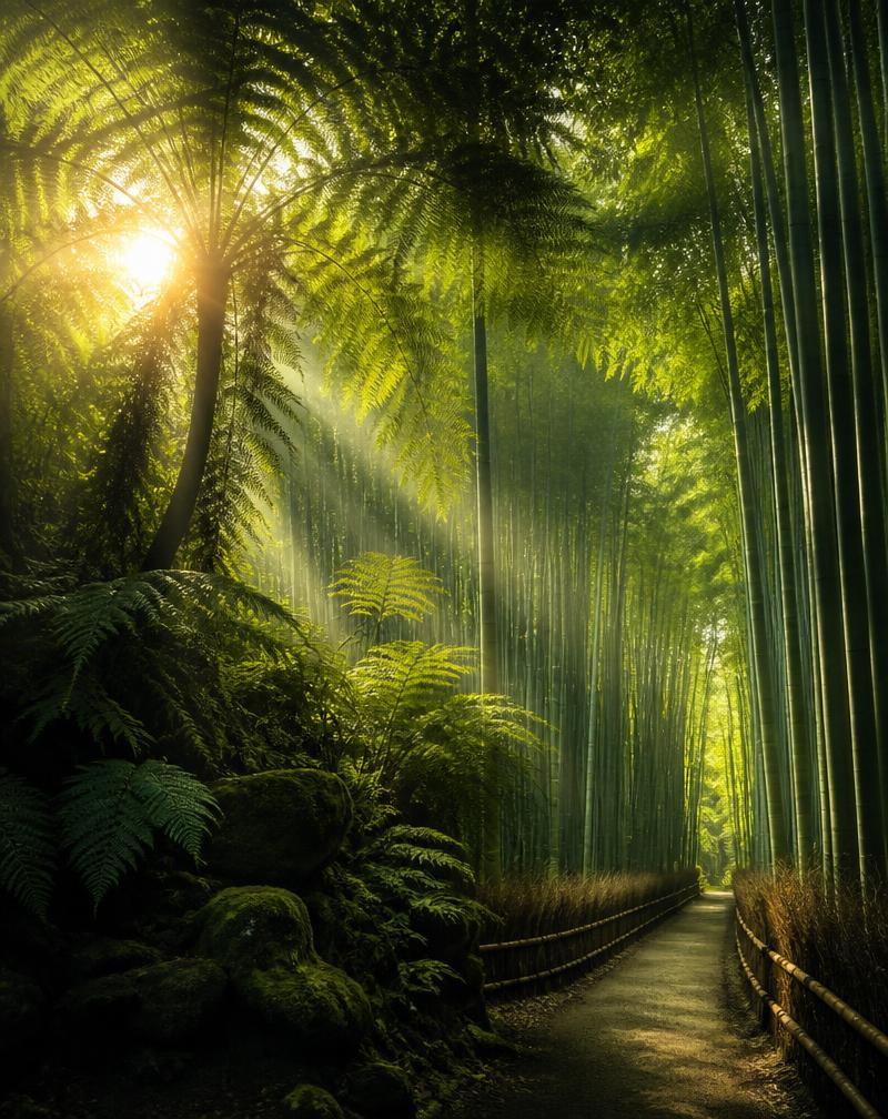Dense bamboo forest with sunlight piercing through the canopy